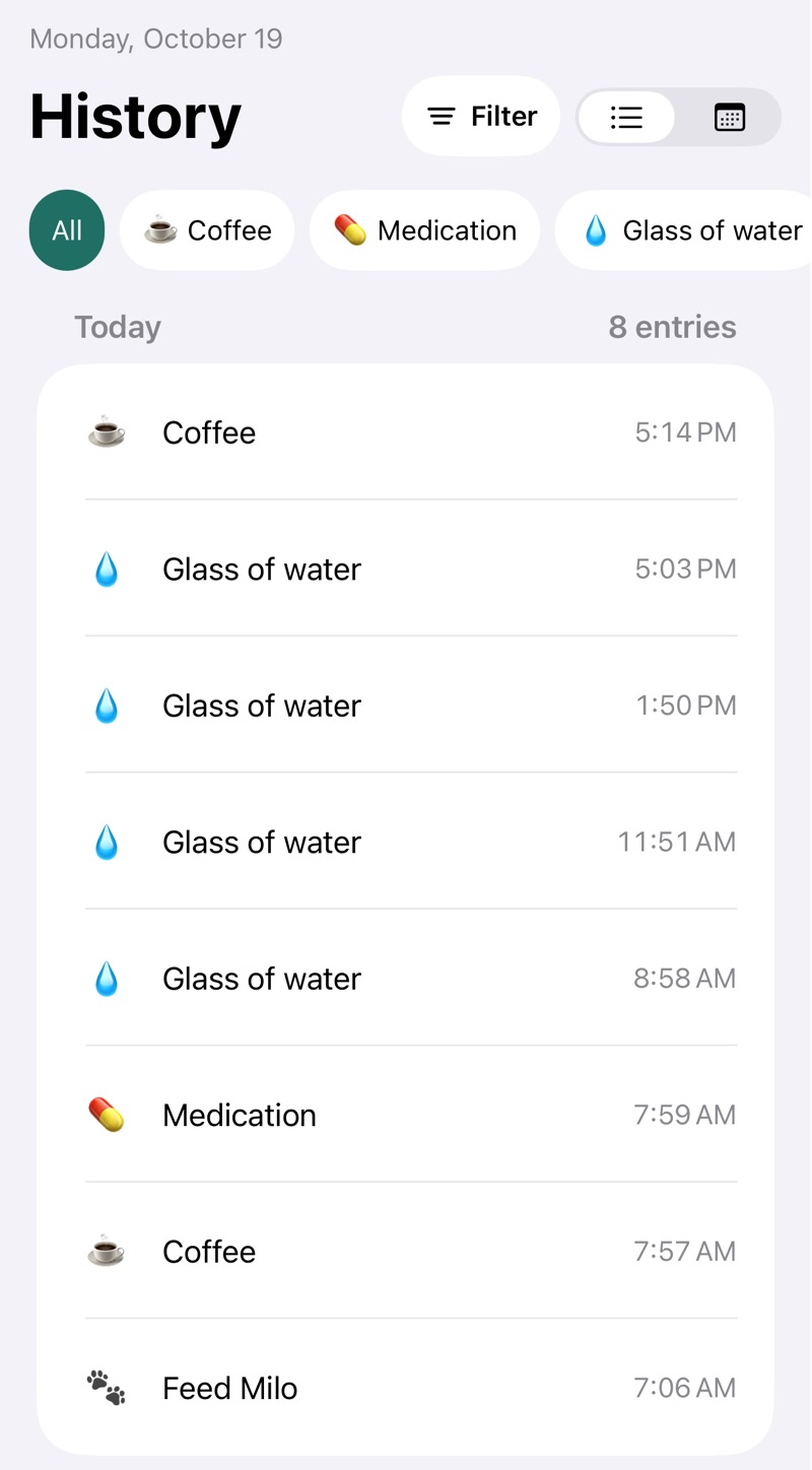 The top of the History screen: filter chips for each activity, then today's entries, newest first: Coffee at 5:14 PM, Glass of water four times, Medication, Coffee at 7:57 AM and Feed Milo.