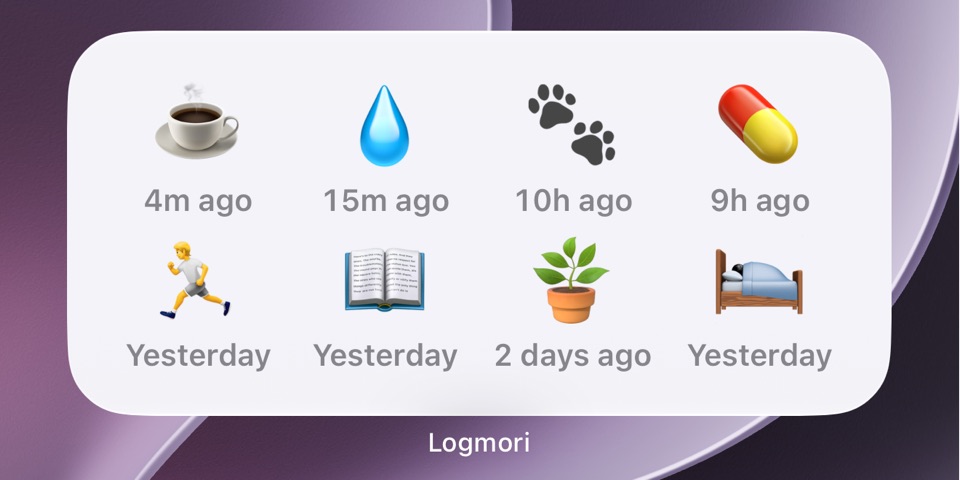 The medium Quick Log widget on a Home Screen: eight activities, each with how long ago it was logged. Coffee was logged a few minutes ago.